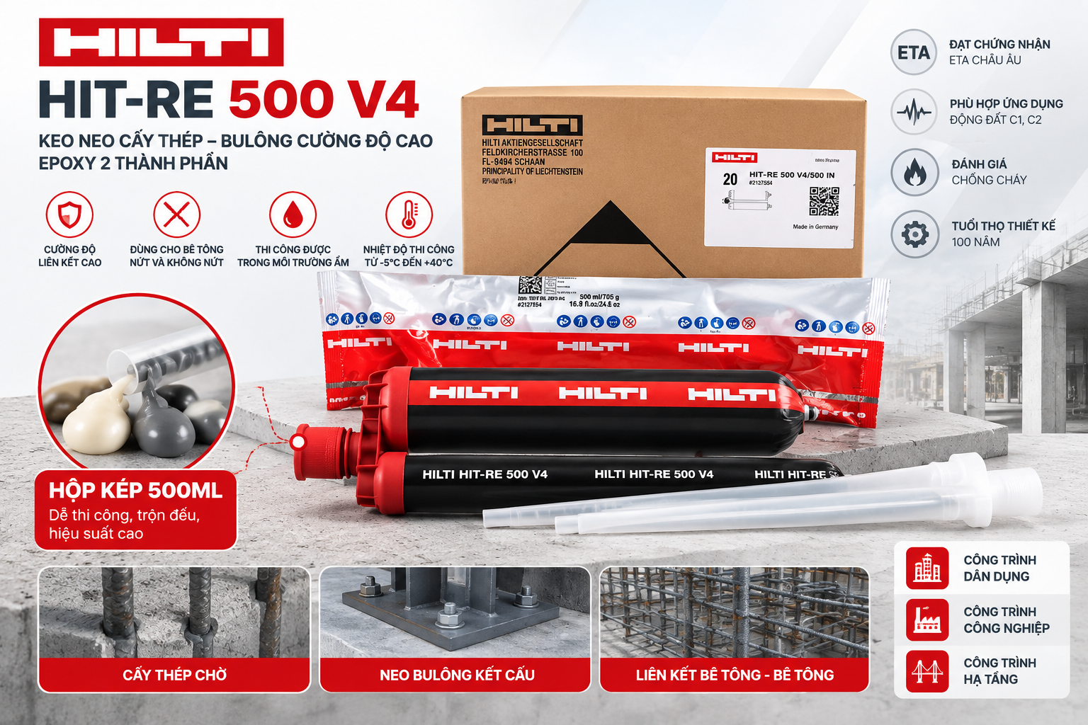 Keo cấy thép Hilti HIT-RE 500 V4 tuýp 500ml